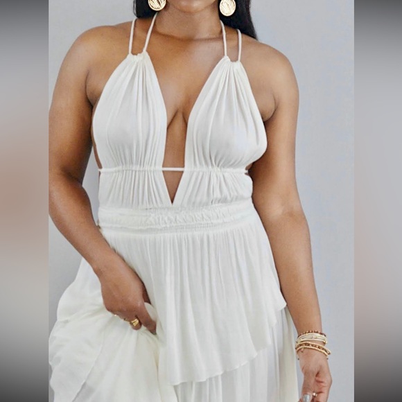 Plunge Front Backless Tiered Ruffle Summer Beach Maxi Dress in White - Picture 4 of 5